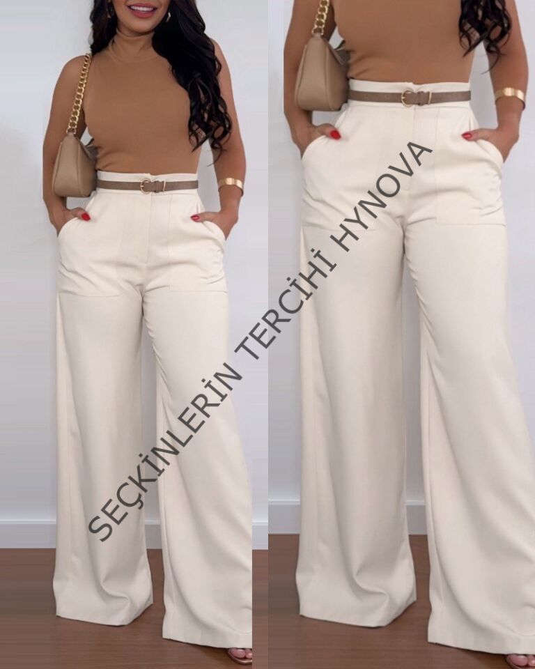Kadın Yüksek Bel Geniş Paça Detaylı Cepli Ithal Krep Pantolon