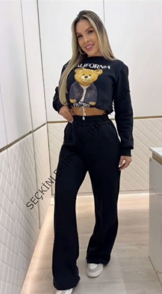 Kadın Uzun Kollu Bisiklet Yaka Desenli Iki Iplik şardonlu Bluz Ve Pantolon Ikili Takım