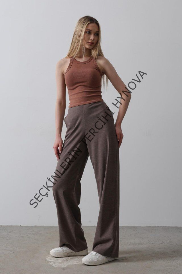 Beli Yarım Lastikli Palazzo Pantolon - Kahve