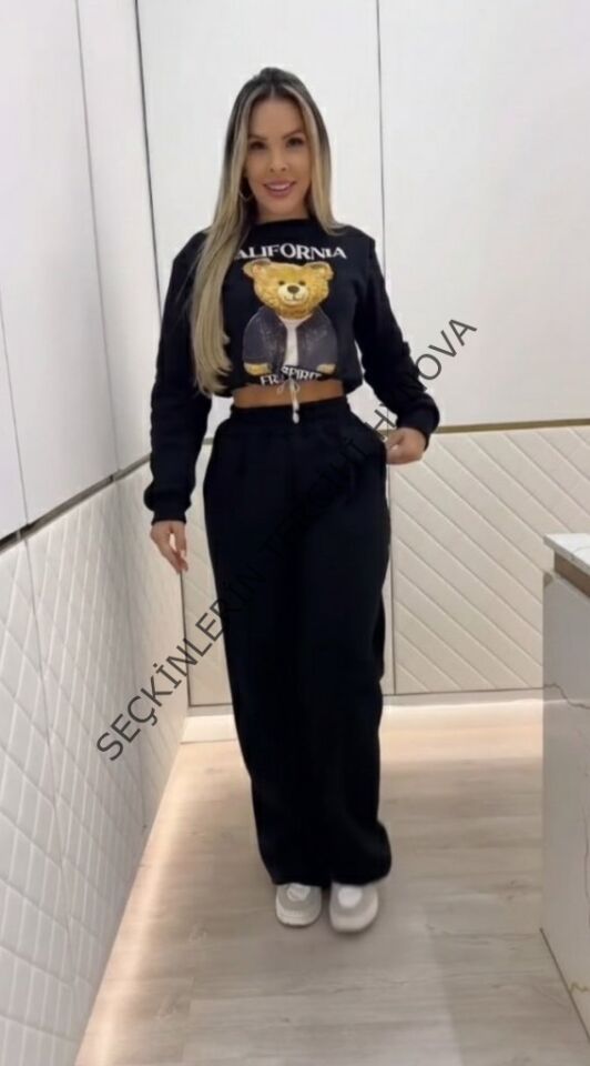 Kadın Uzun Kollu Bisiklet Yaka Desenli Iki Iplik şardonlu Bluz Ve Pantolon Ikili Takım