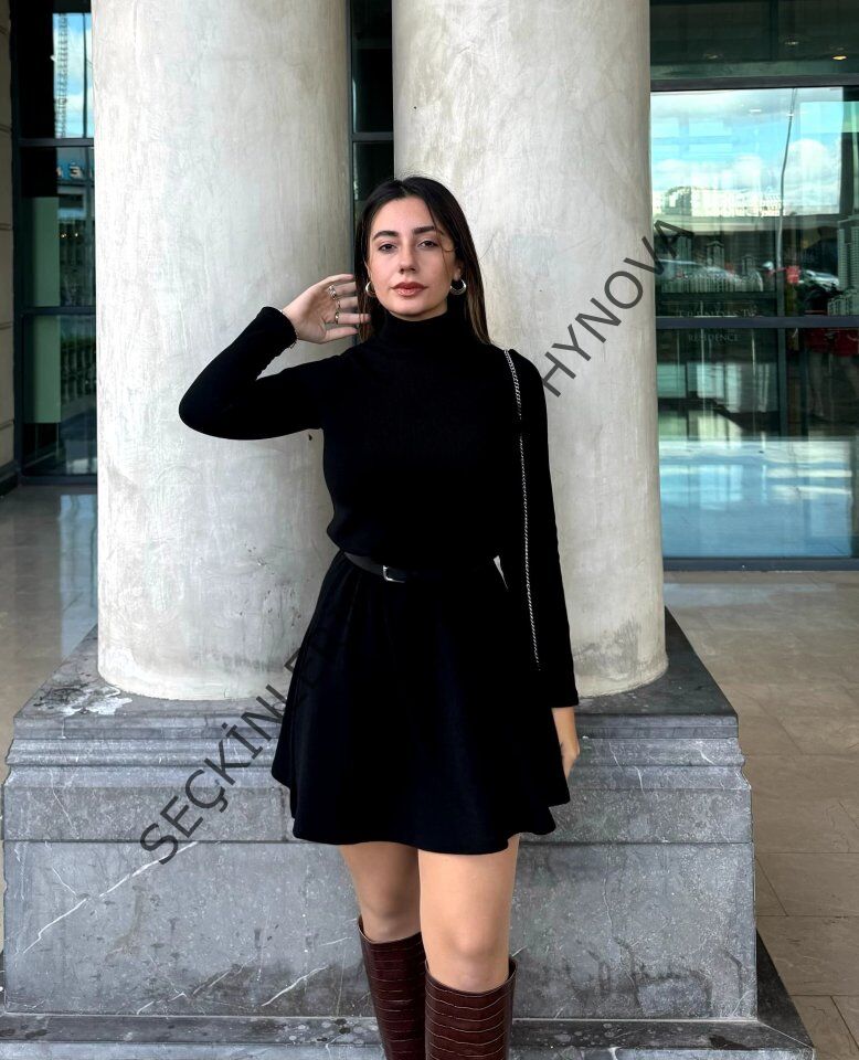 Kadın Uzun Kollu Balıkçı Yaka Salaş Kusa Akrilik Elbise