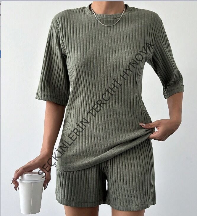 Kadın Kısa Kollu Bisiklet Yaka Kaşkorse Bluz şort Ikili Takım