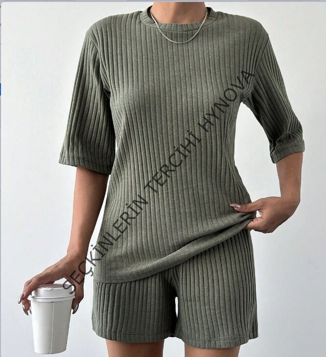 Kadın Kısa Kollu Bisiklet Yaka Kaşkorse Bluz şort Ikili Takım