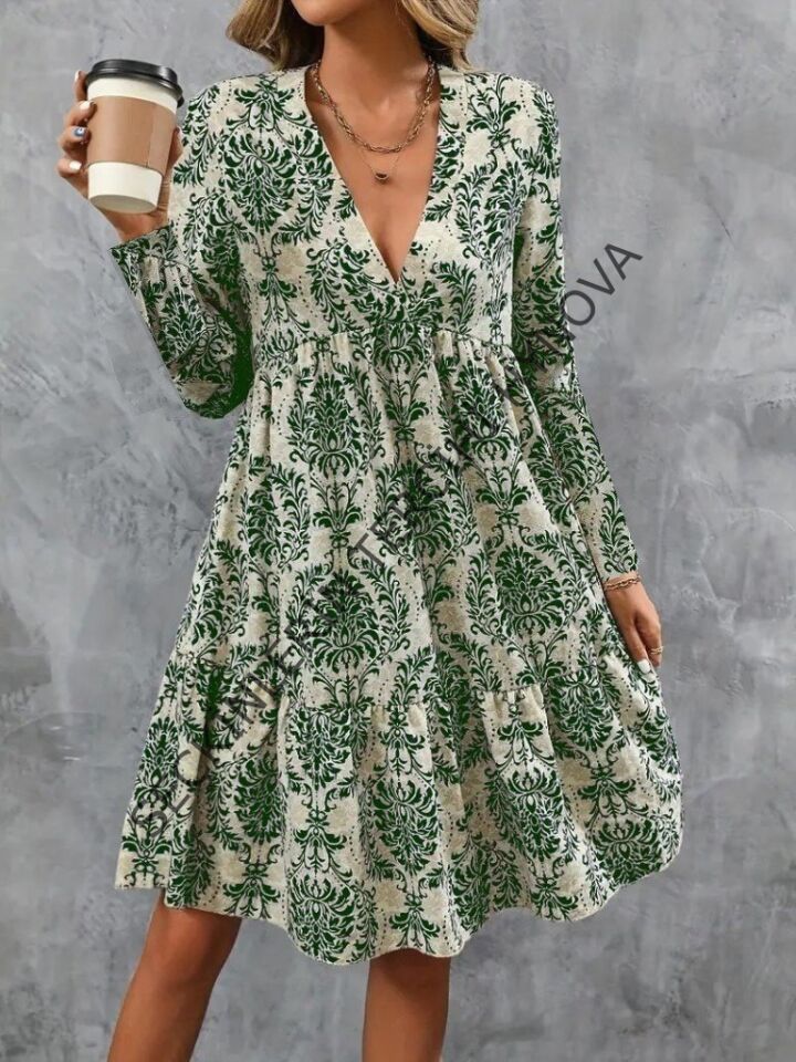 Kadın Uzun Kollu V Yakalı Fırfırlı Mini Süprem Elbise