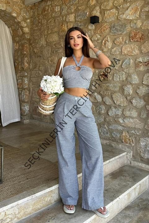 Vesna Keten Çizgili Crop Takım 9806-0025