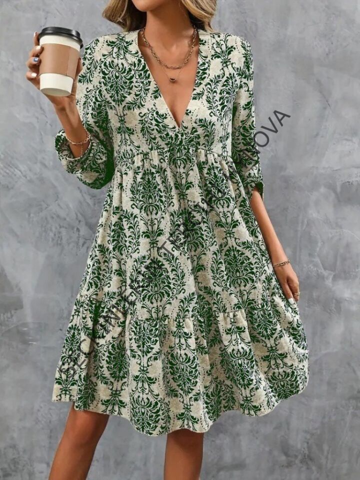 Kadın Uzun Kollu V Yakalı Fırfırlı Mini Süprem Elbise