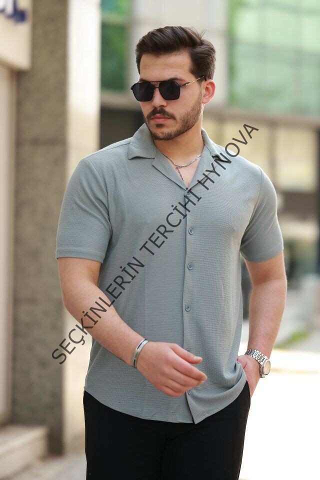 Erkek Apaç Yaka örme Kumaş Kısa Kollu Gömlek