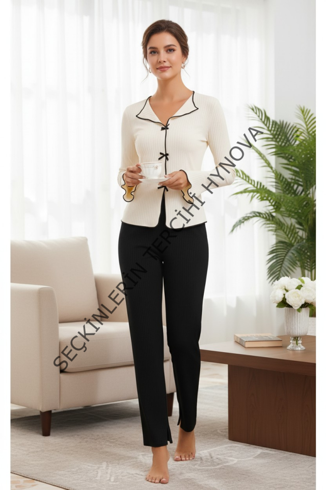 Kadın Fiyonklu Uzun Kollu Ekru Üst Siyah Alt Pijama Takımı