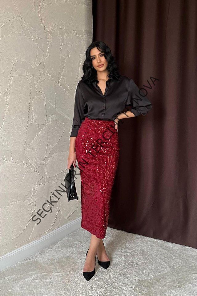 Bordo Pulpayetli Parlak Etek