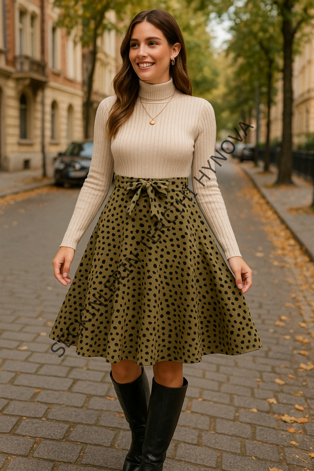 Kadın Uzun Kollu Balıkçı Yaka Belden Bağlamalı üst Kaşkorse Eteği Dalgıç Elbise