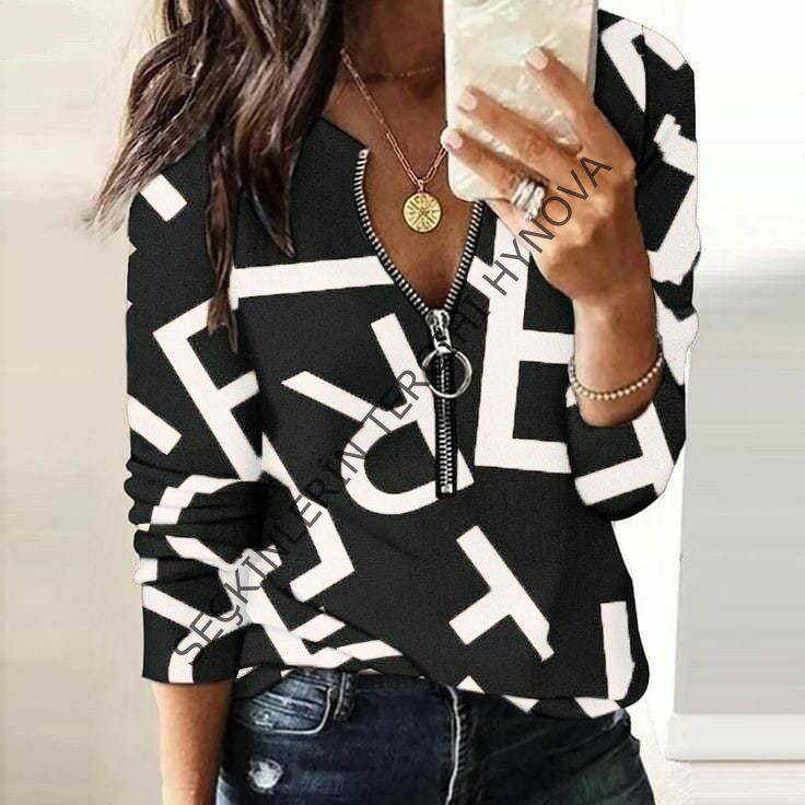 Kadın Uzun Kollu önden Fermuarlı Harf Baskılı şardonlu Dalgıç Bluz