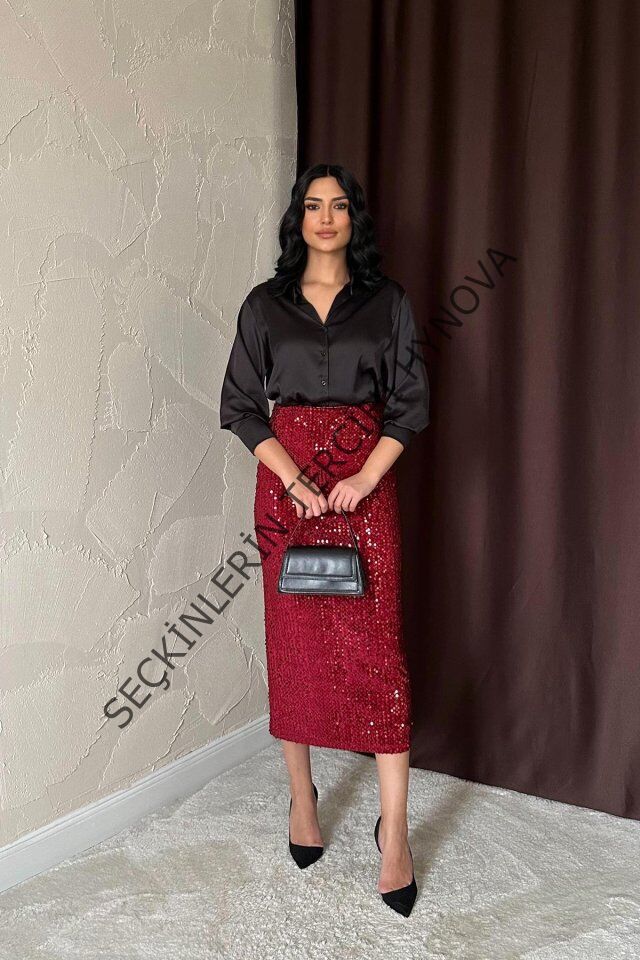 Bordo Pulpayetli Parlak Etek