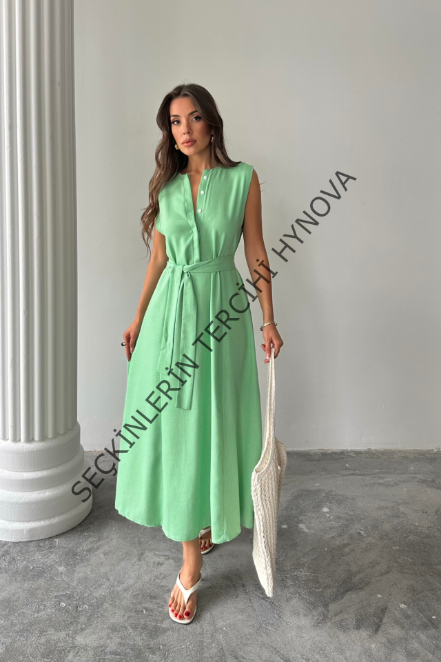 KETEN ELBİSE KOLSUZ BEL BAĞLAMALI MAXİ ELBİSE - Yeşil