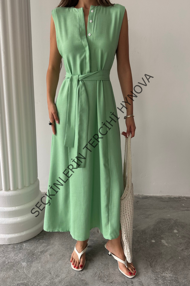 KETEN ELBİSE KOLSUZ BEL BAĞLAMALI MAXİ ELBİSE - Yeşil