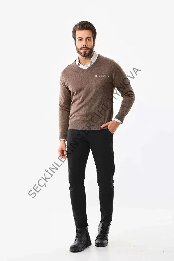 Baskılı V Yaka Uzun Kol Dokuma Triko - Kahve