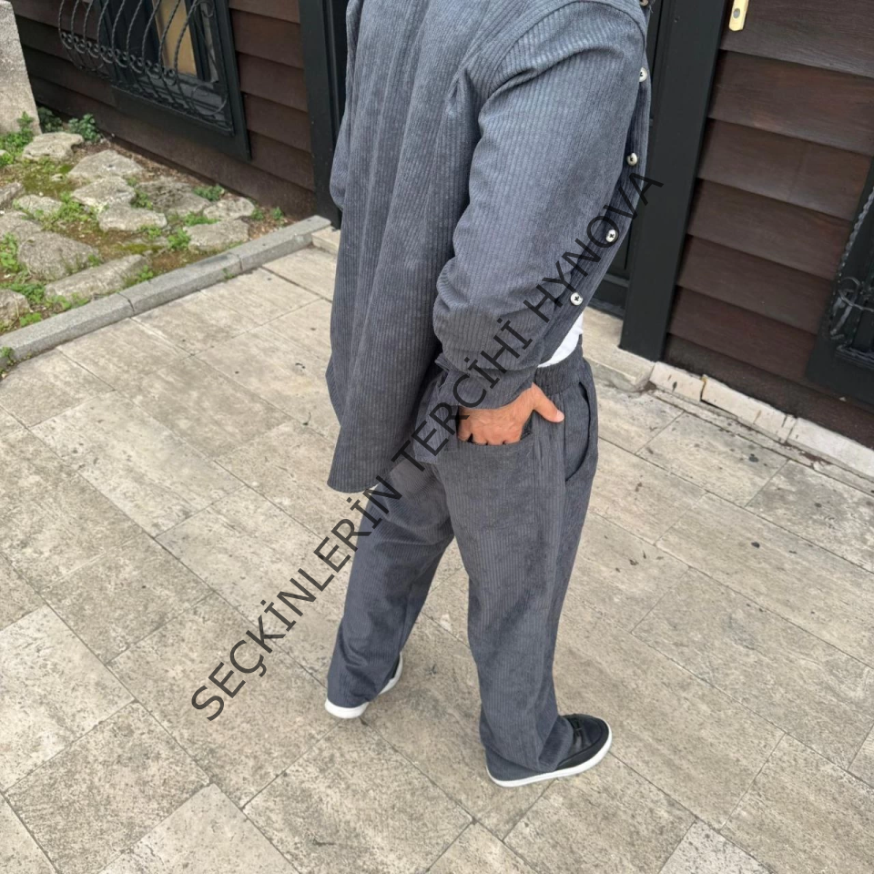 Erkek Fitilli Kadife Cepli Buggy Pantolon Oversize Rahat Kalıp - Füme