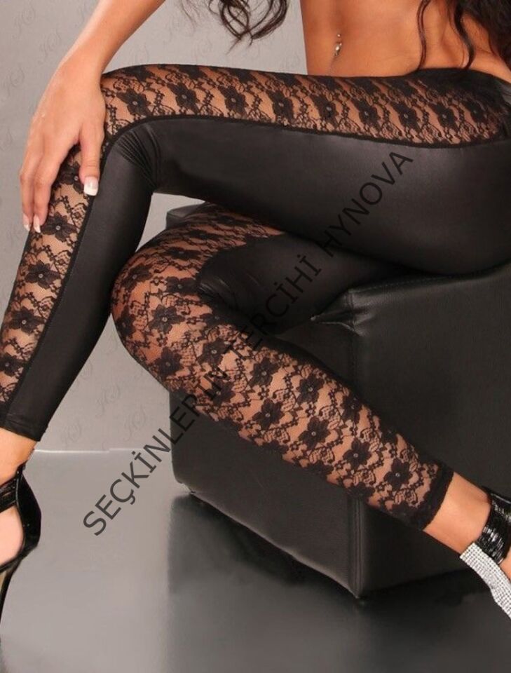 Kadın Yüksek Bel Dantel Detaylı Deri Tayt