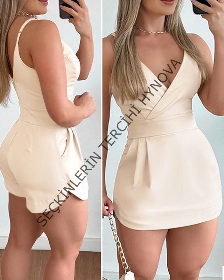 Kadın Ip Askılı Kruvaze Yakalı Cep Detaylı Ithal Krep Short Etek