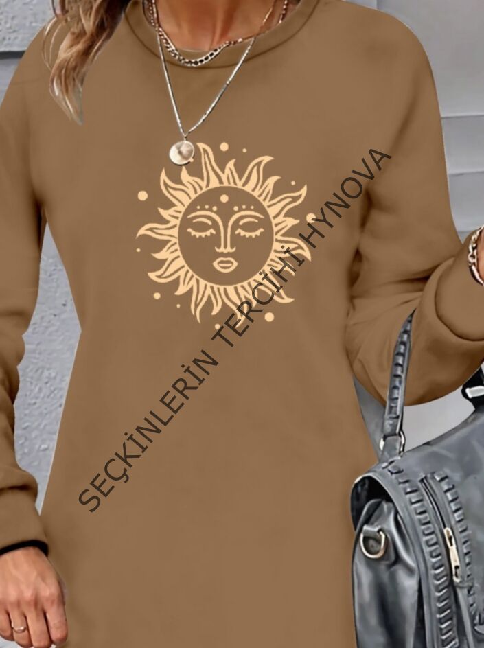 Kadın Uzun Kollu Bisiklet Yaka Güneş Desenli Viskon Iki Iplik Elbise