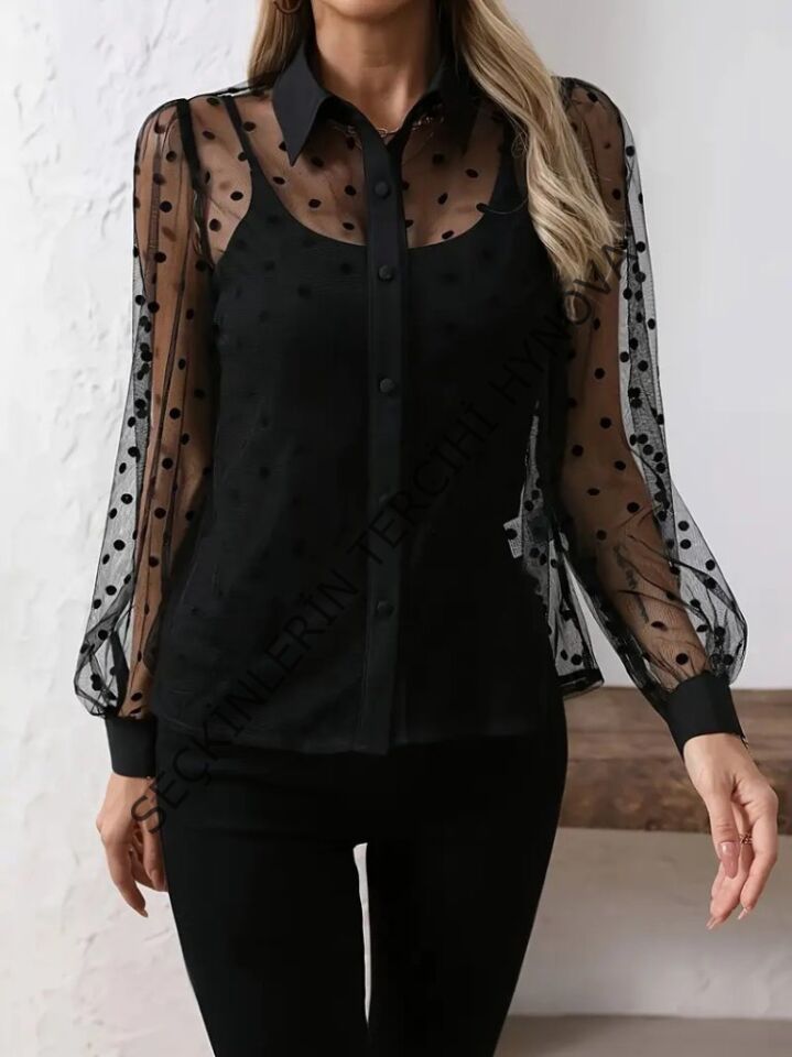 Kadın Uzun Kollu Yakalı şeffaf Tül Detaylı Ve Viskon Atlet Ikili Takım