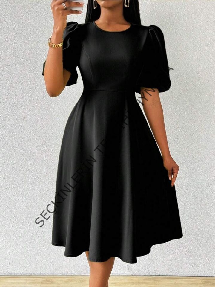 Kadın Kısa Balon Kollu Bisiklet Yaka Kiloş Janjan Krep Elbise