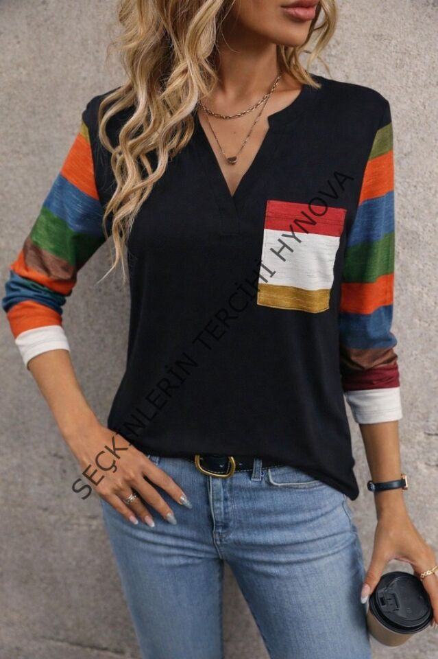 Kadın Uzun Kollu V Yakalı Cepli çok Renkli Viskon Bluz