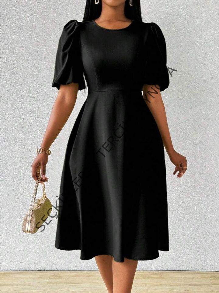 Kadın Kısa Balon Kollu Bisiklet Yaka Kiloş Janjan Krep Elbise