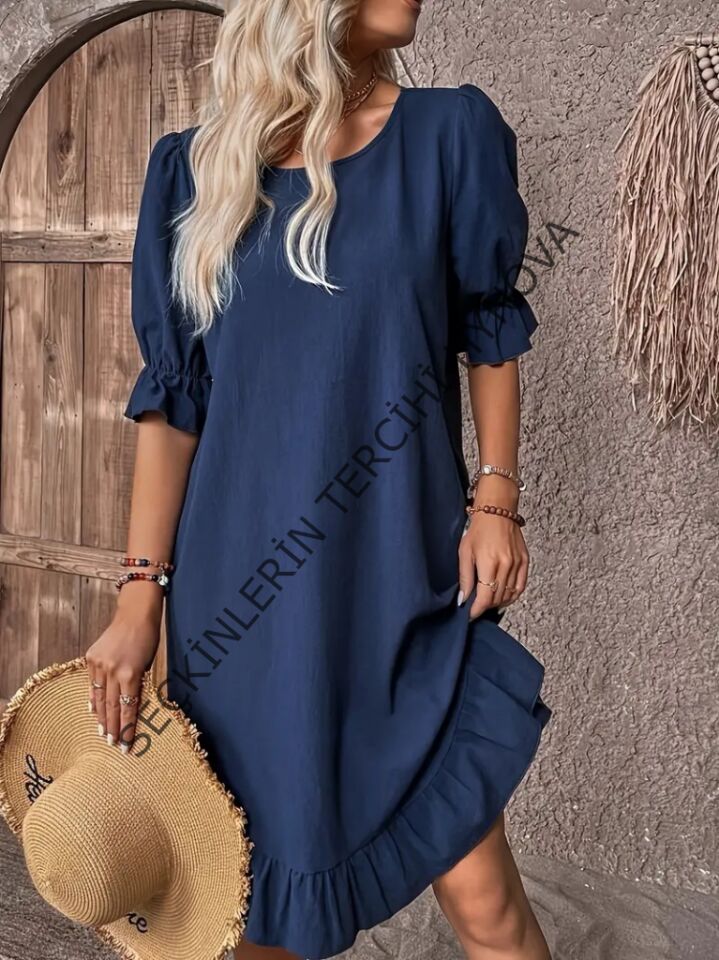 Kadın Kısa Kollu Kol Ve Eteği Volanlı Bisiklet Yaka Aerobin Elbise