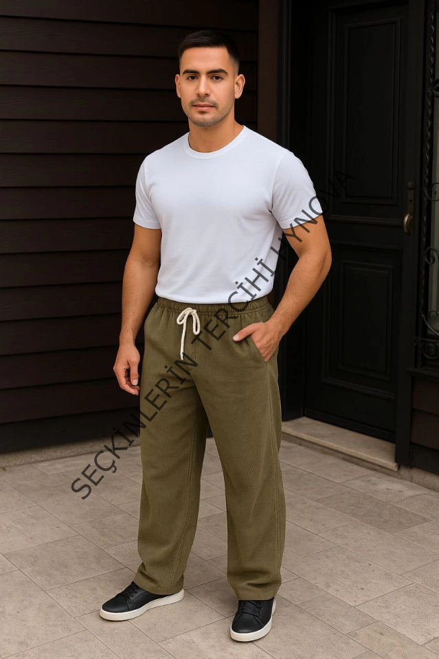 Erkek Fitilli Kadife Cepli Buggy Pantolon Oversize Rahat Kalıp - Haki