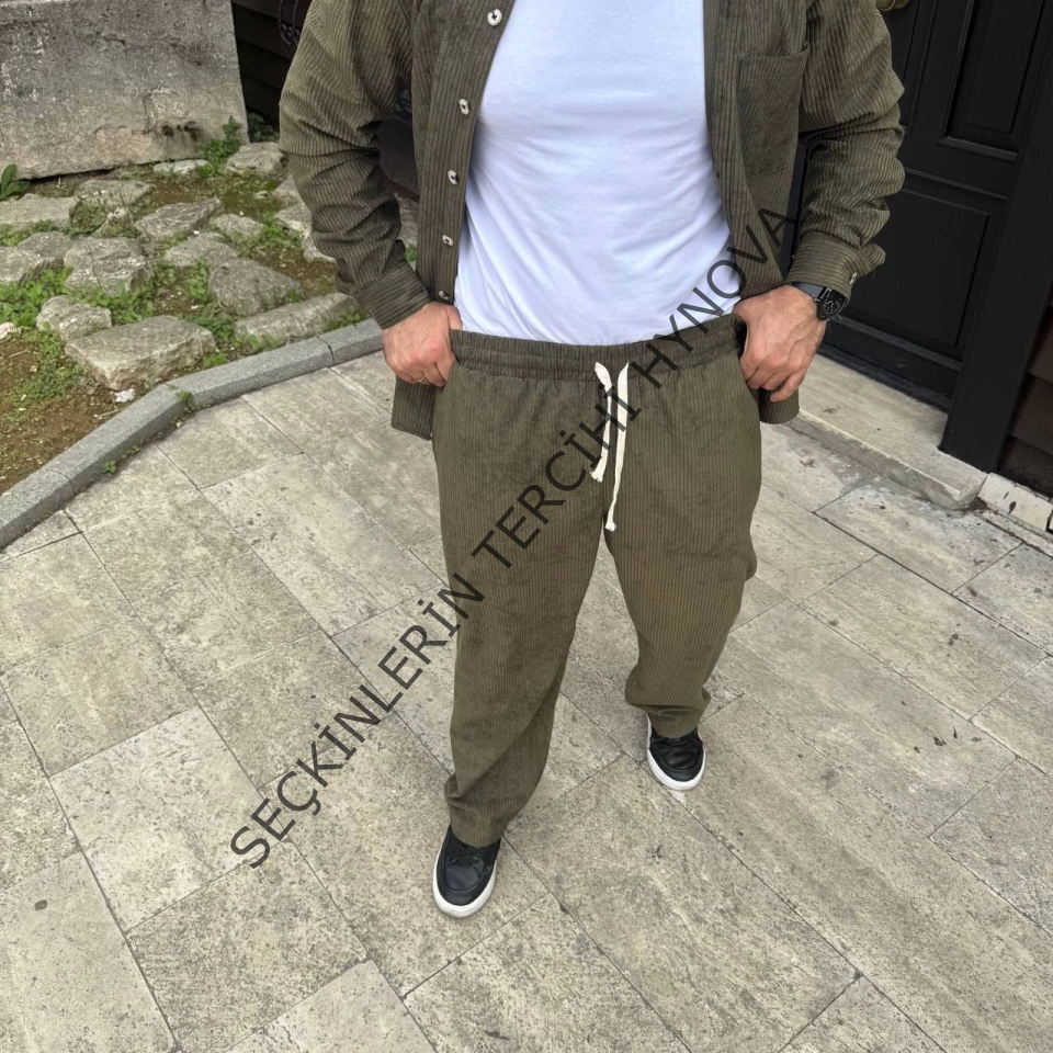 Erkek Fitilli Kadife Cepli Buggy Pantolon Oversize Rahat Kalıp - Haki