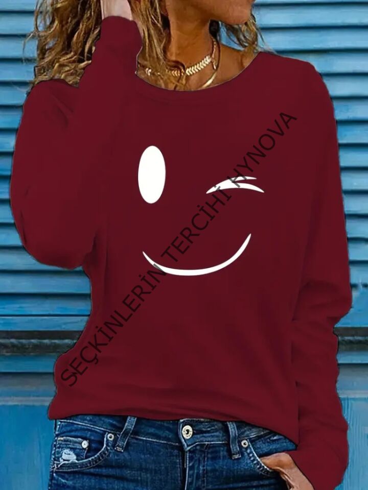 Kadın Uzun Kollu Bisiklet Yaka Gülen Yüz Desenli Viskon Bluz