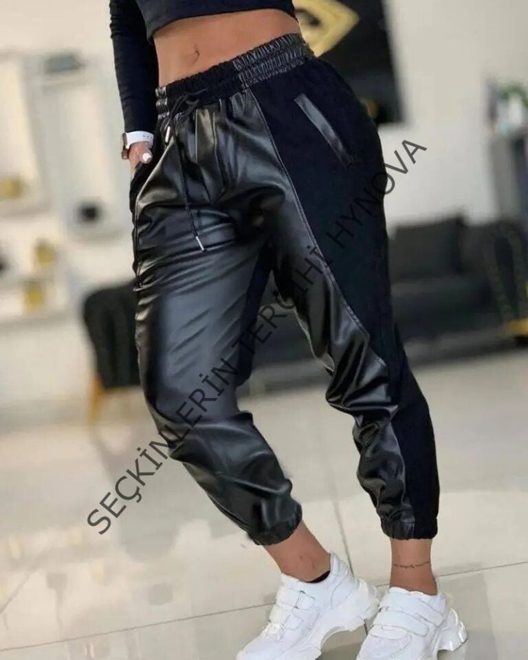 Kadın Yüksek Bel Lastikli Cepli Deri Detaylı Dalgıç Pantolon