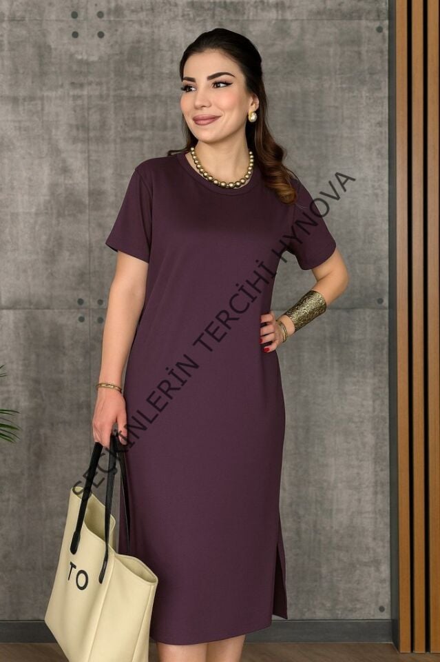 Kadın Kısa Kollu Bisiklet Yaka Yırtmaçlı Viskon Iki Iplik Elbise