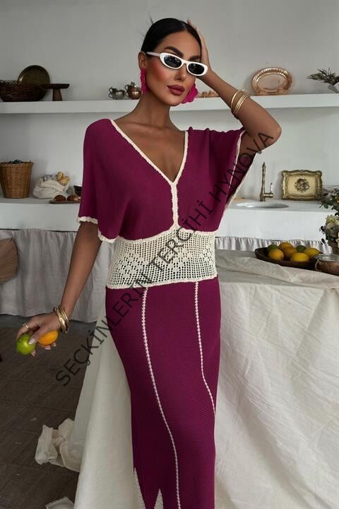 Dantel Desenli V Yaka Triko Elbise 2844