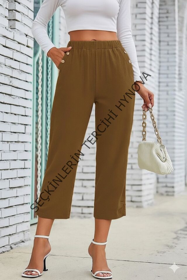 Kadın Beli Lastikli Düğme Ve Cep Detaylı Kapri Ithal Keten Pantolon