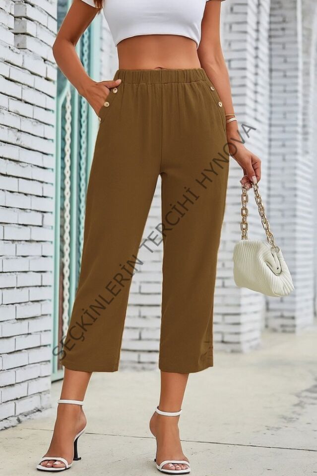 Kadın Beli Lastikli Düğme Ve Cep Detaylı Kapri Ithal Keten Pantolon