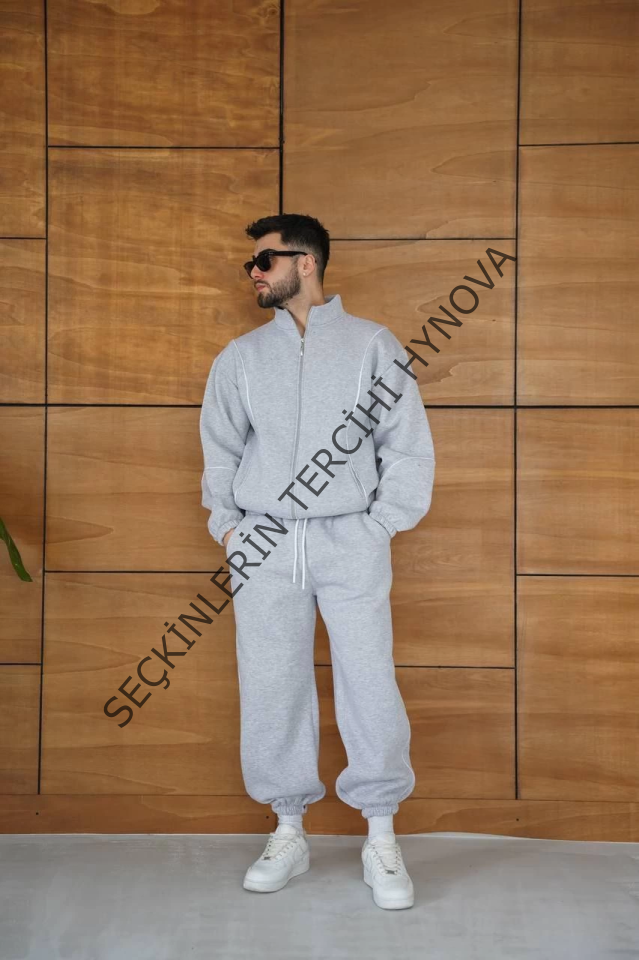 Erkek Premium Parçalı Eşofman Takım - Dik Yaka Fermuarlı Biyeli Sweatshirt Lastik Paça Alt, Oversize 3 Iplik Şardonlu - Gri