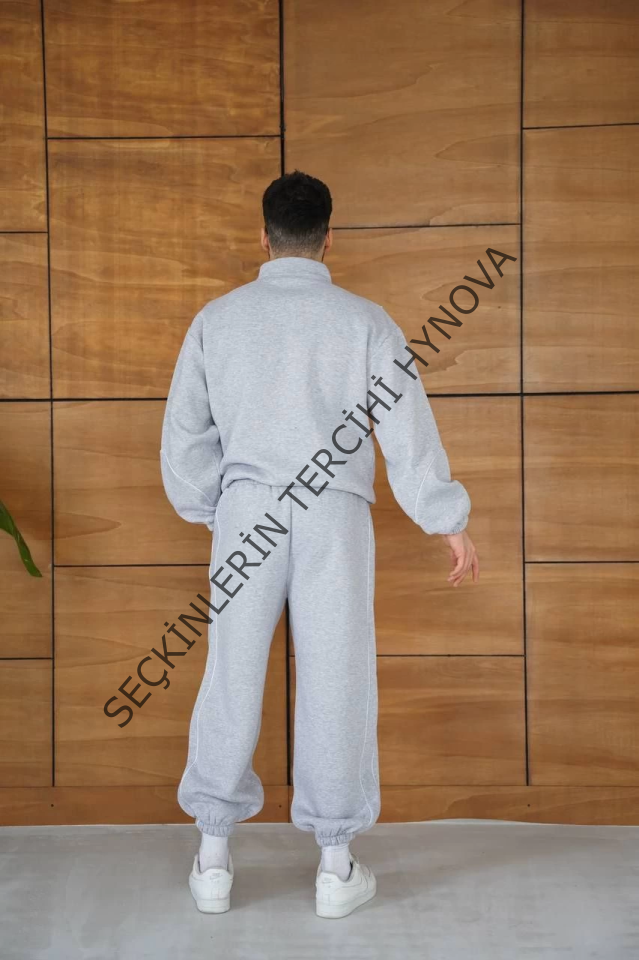 Erkek Premium Parçalı Eşofman Takım - Dik Yaka Fermuarlı Biyeli Sweatshirt Lastik Paça Alt, Oversize 3 Iplik Şardonlu - Gri