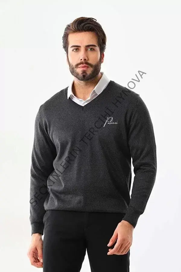 Baskılı V Yaka Uzun Kol Dokuma Triko - Füme