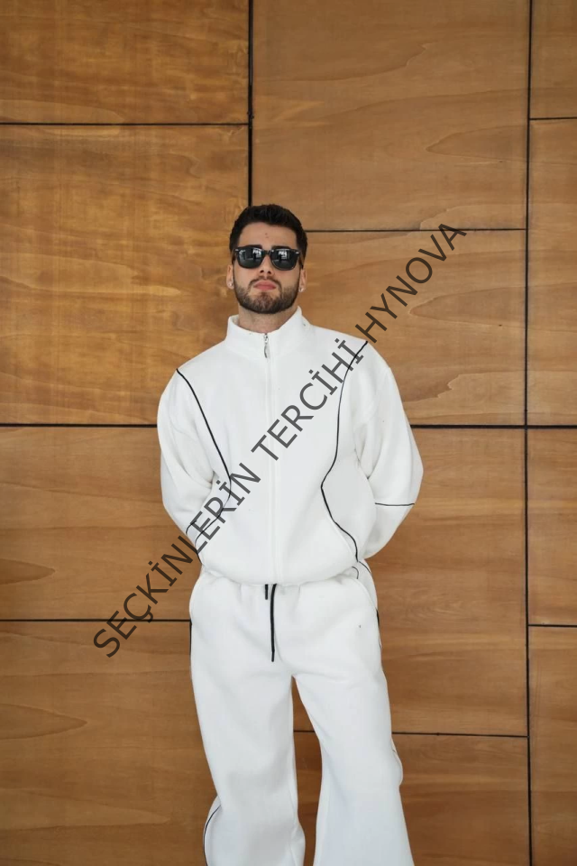 Erkek Premium Parçalı Eşofman Takım - Dik Yaka Fermuarlı Biyeli Sweatshirt Lastik Paça Alt, Oversize 3 Iplik Şardonlu - Beyaz