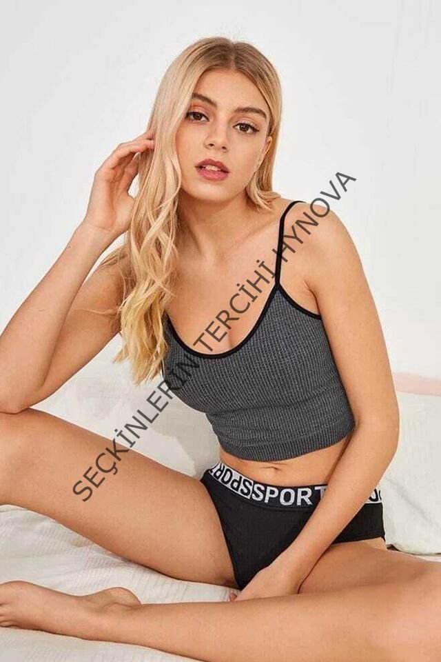 Kadın Anstrasit Gri İp Askılı Crop Top Bluz