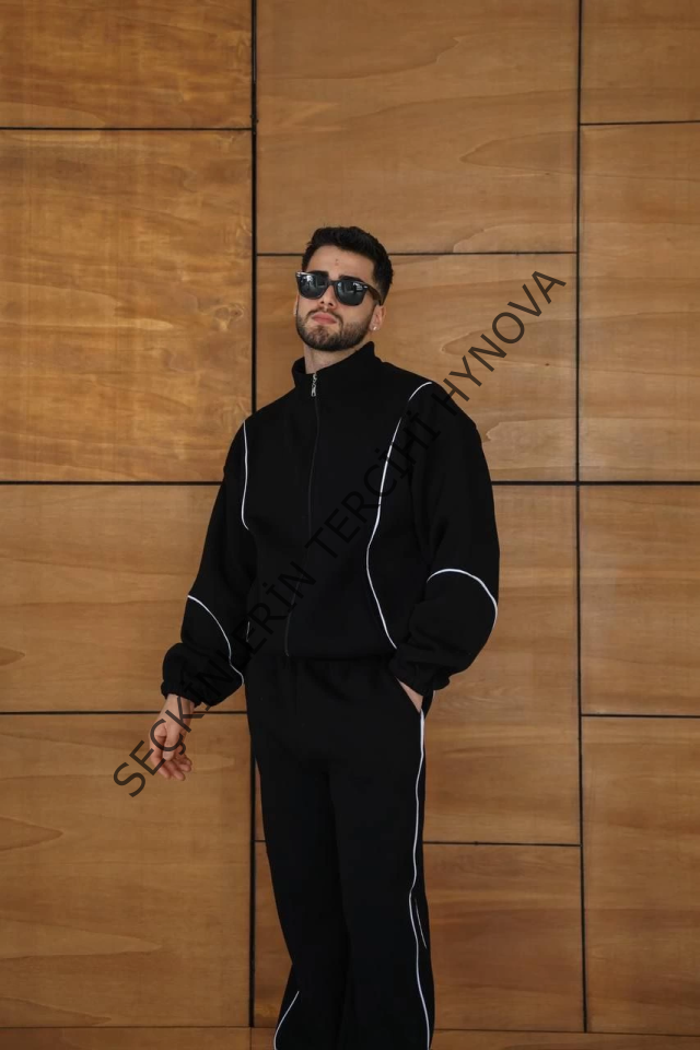 Erkek Premium Parçalı Eşofman Takım - Dik Yaka Fermuarlı Biyeli Sweatshirt Lastik Paça Alt, Oversize 3 Iplik Şardonlu - Siyah