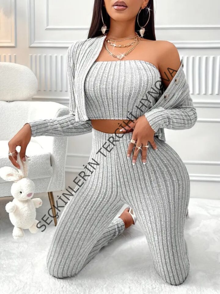 Kadın Uzun Kollu Straplez şardonlu Kaşkorse Bluz önü Düğmeli Ceket Ve Tayt Pantolonlu üçlü Takım