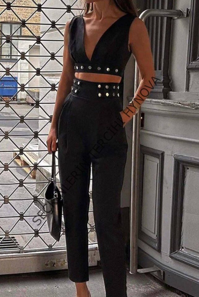 Kadın Double Krep Kumaş Düğme Aksesuar Detaylı Takım