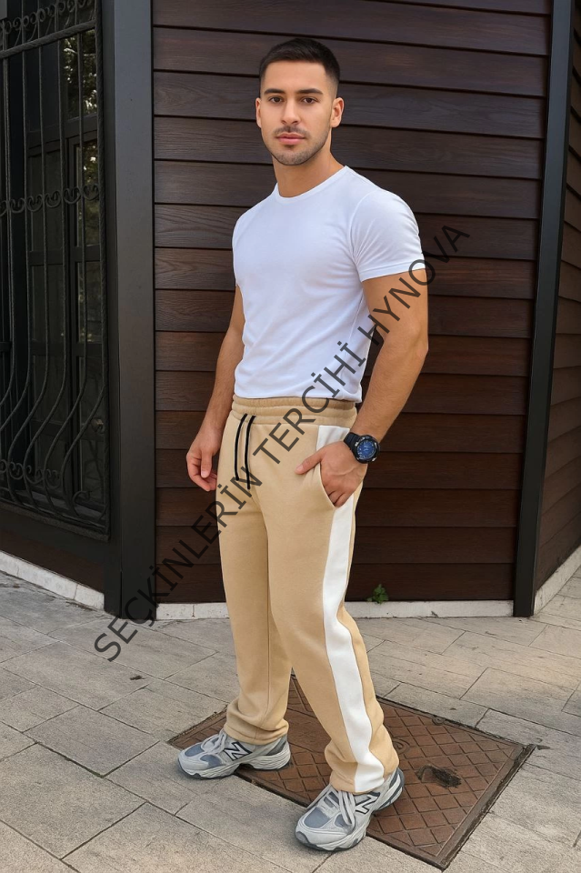 Erkek Üç İplik Kışlık Pamuklu Yandan Garneli Kalın Şeritli Cepli Eşofman Altı - Bej