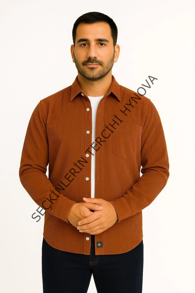 Erkek Fitilli Kadife Cepli Gömlek Oversize Rahat Kalıp - Kahverengi