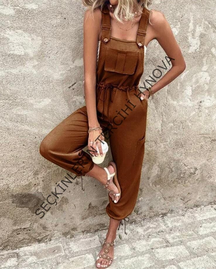 Kadın Poplin Kumaş Likralı Askılı Tulum