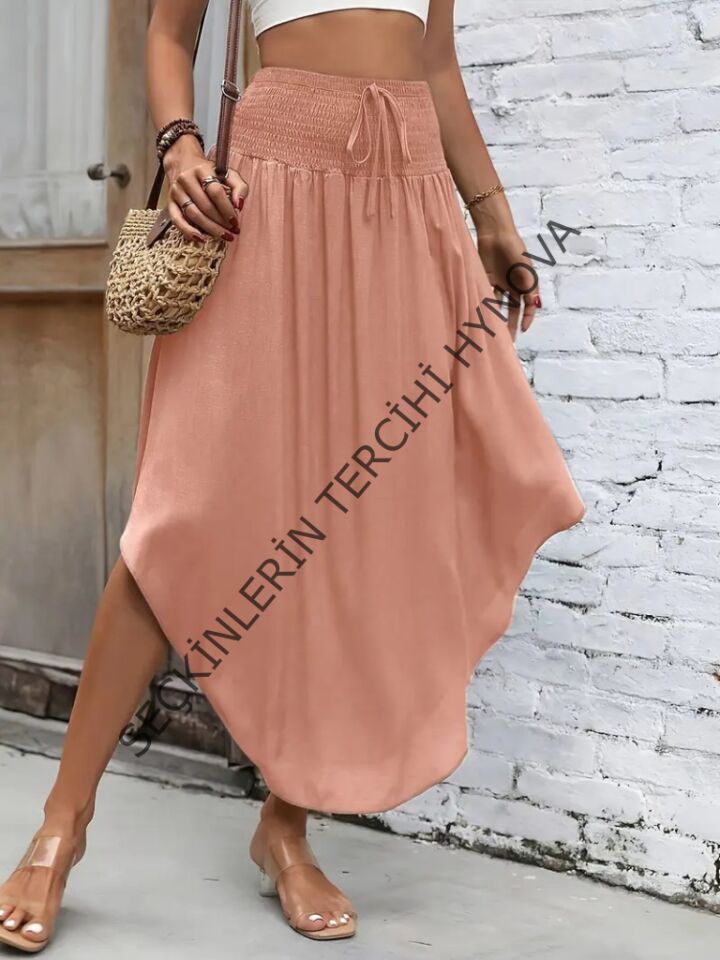 Kadın Yüksek Bel Belden Bağlamalı Asimetrik Kesim Detaylı Sandy Etek