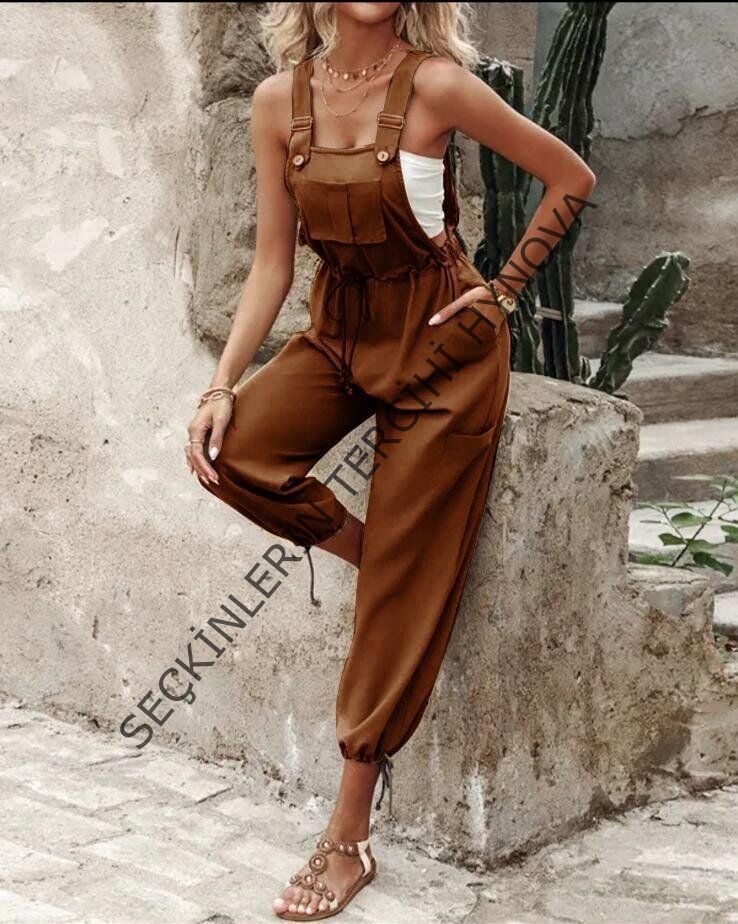 Kadın Poplin Kumaş Likralı Askılı Tulum