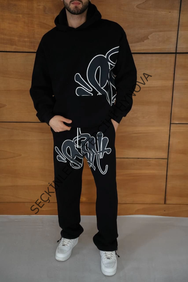 Erkek Kapüşonlu Eşofman Takım Graffiti Baskılı Oversize Rahat Kalıp, Kanguru Cepli, Streetwear Tarzında Premium Ürün 3 Iplik Pamuklu - Siyah